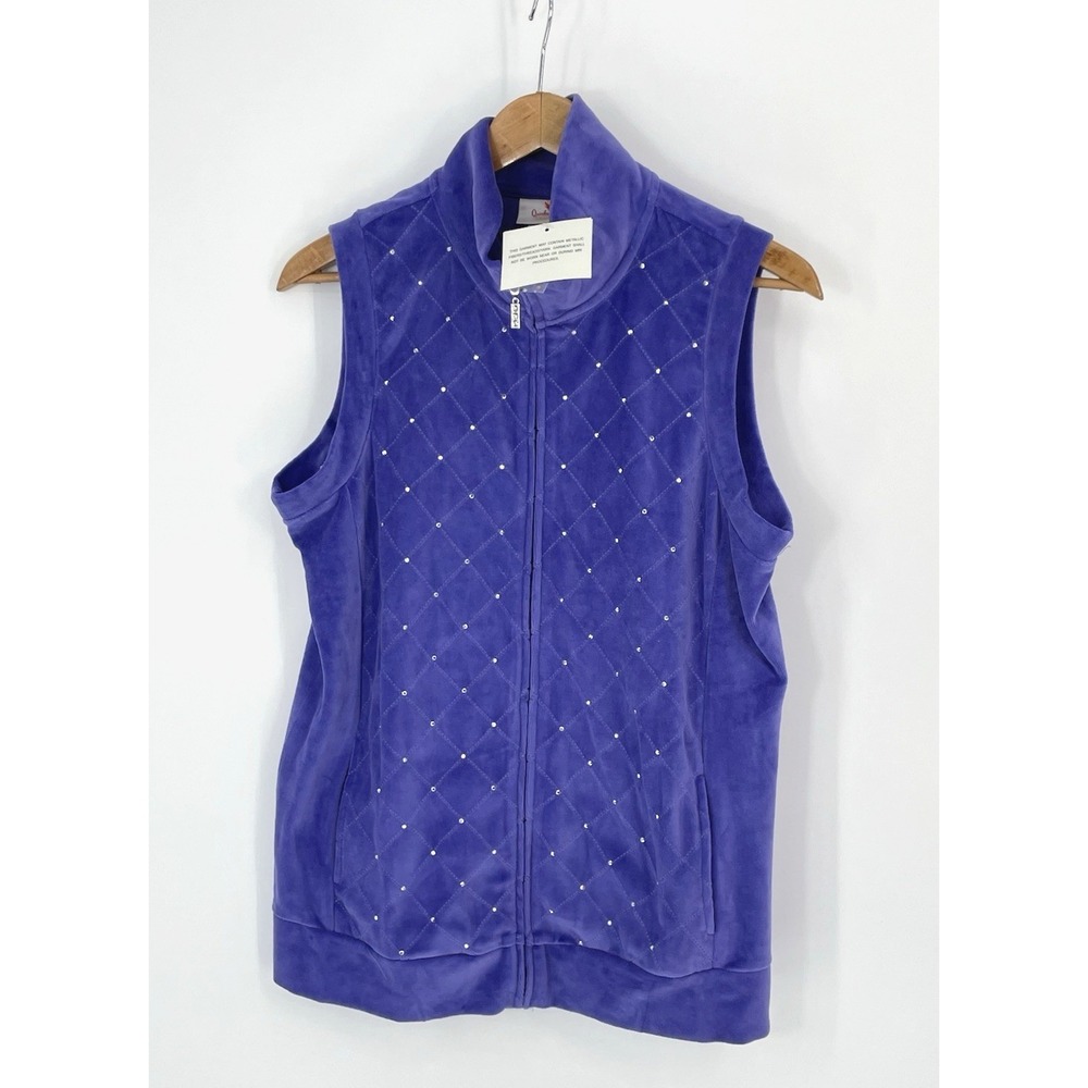 NWT Quacker Factory Vest M Jeanne Bice Velour Full Zip Purple Quilted Mock Neck